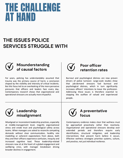 The challenge at hand: four issues police services struggle with. Misunderstanding of causal factors — policing has assumed trauma was the primary source of harm, overlooking the more pervasive everyday pressures. Poor officer retention rates — burnout and psychological distress are proven drivers of police turnover. Leadership misalignment — inconsistent leadership practices, especially at middle-management level, magnify organisational stress and erode trust. A preventative focus — wellness must be approached proactively, prioritising systems, culture and practice, not just individual resilience.