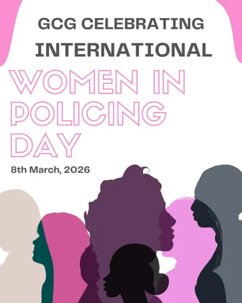 Poster: GCG celebrating International Women in Policing Day, 8th March 2026, over silhouettes of women in profile.