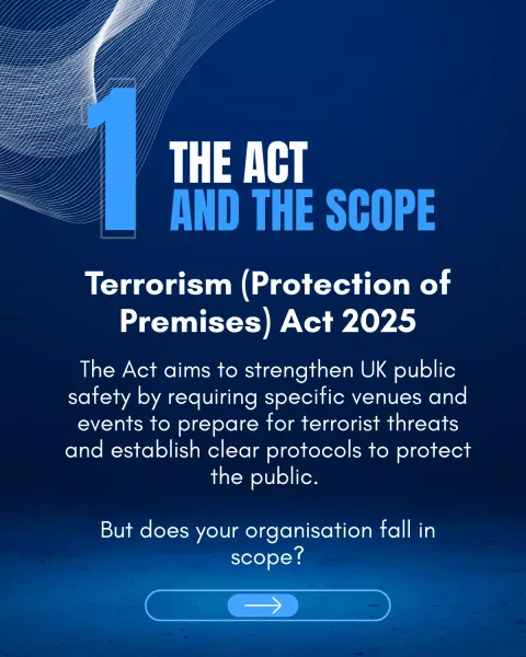 Slide 1 — The Act and the scope: the Terrorism (Protection of Premises) Act 2025 requires specific venues and events to prepare for terrorist threats and establish clear protocols to protect the public. But does your organisation fall in scope?
