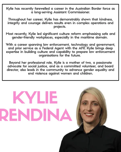 Kylie Rendina, pictured alongside a summary of her career.